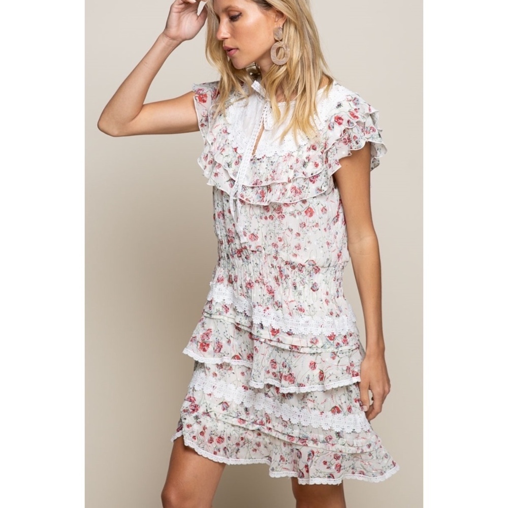 POL Cream & Pink Floral Ruffle Tiered Mini Dress with Bow - Picture 4 of 9